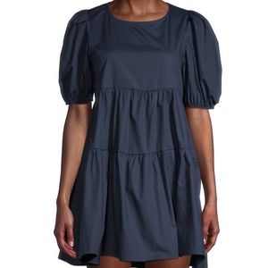 Love Ady Puffed-Sleeve Stretch-Cotton Mini Tiered Dress